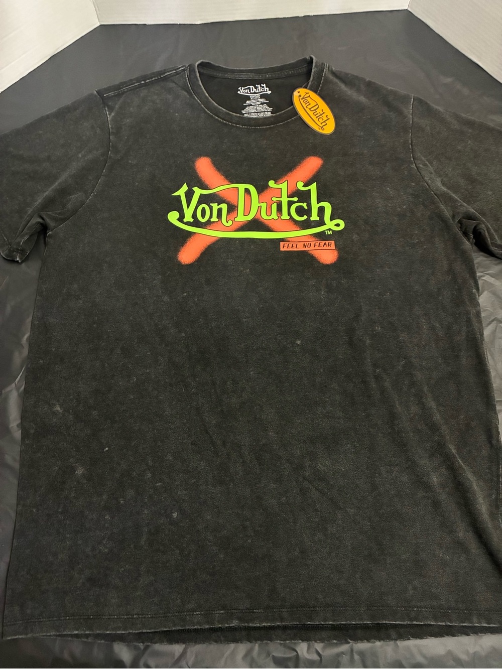 Von Dutch Black Short Sleeve Tee with Neon Green Logo & Orange Accent
